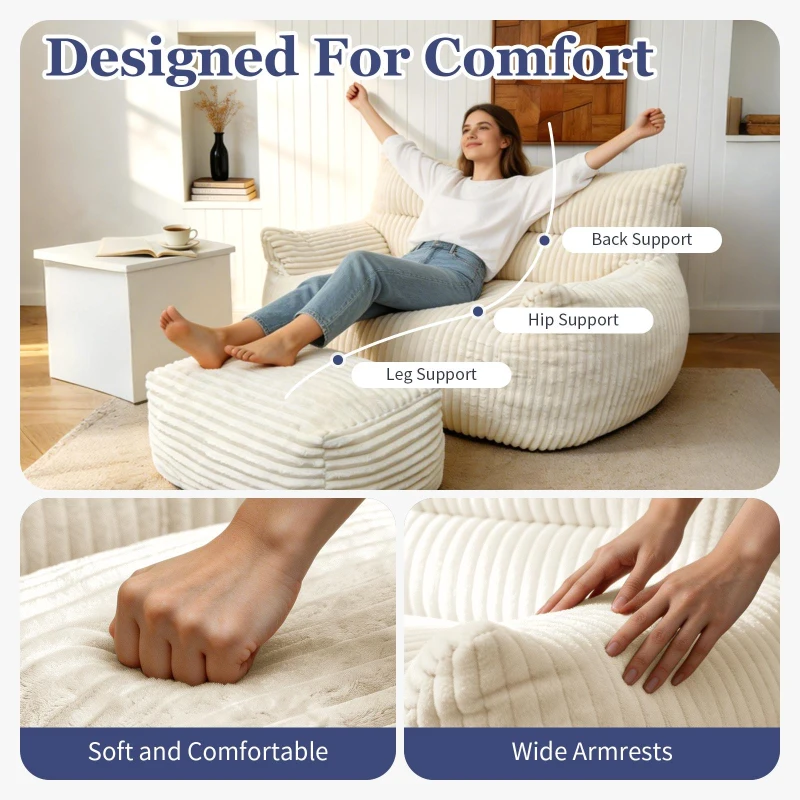 Oversized 2-Seater Corduroy Sofa with Ottoman, Comfortable Couch for Couples and Family, 100L x 135W x 75H cm, White