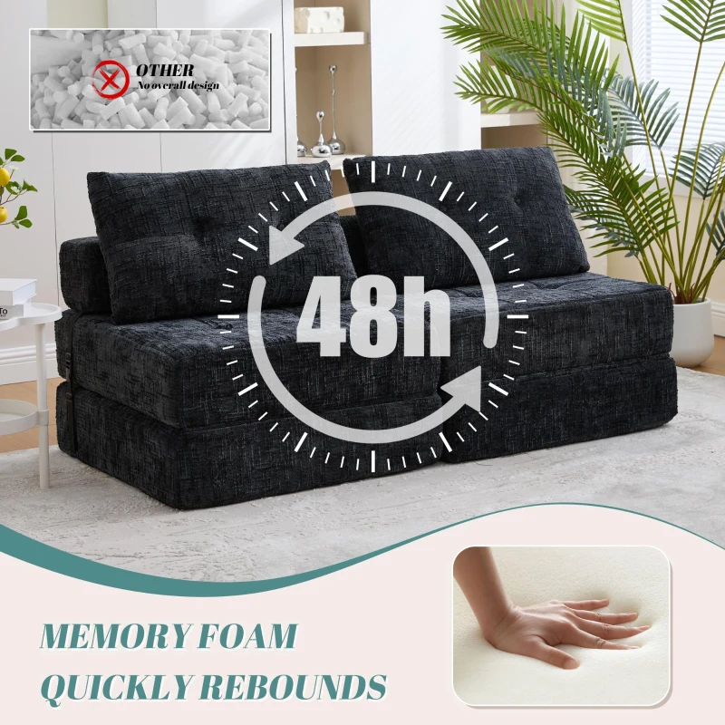 Cozy Convertible Floor Sofa Bed with Button-Tufted Detailing, Soft Chenille Folding Sleeper Couch for Living Room, 180L x 79W x 57H cm, Black