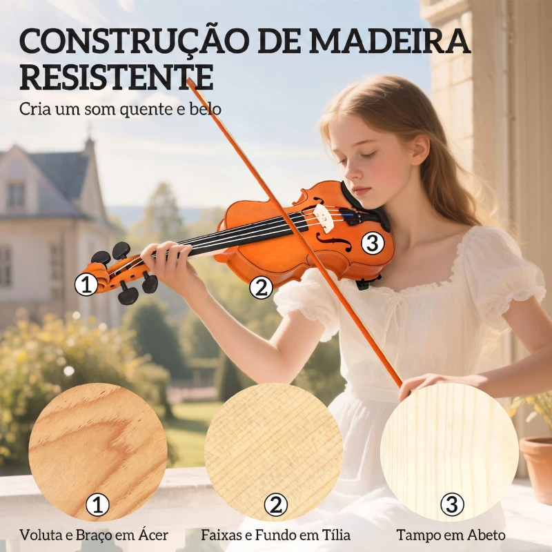 HOMCOM Violino 4/4 em Madeira com Estojo, Arco, Breu, Microafinadores, Cordas e Apoio de Ombro, Castanho