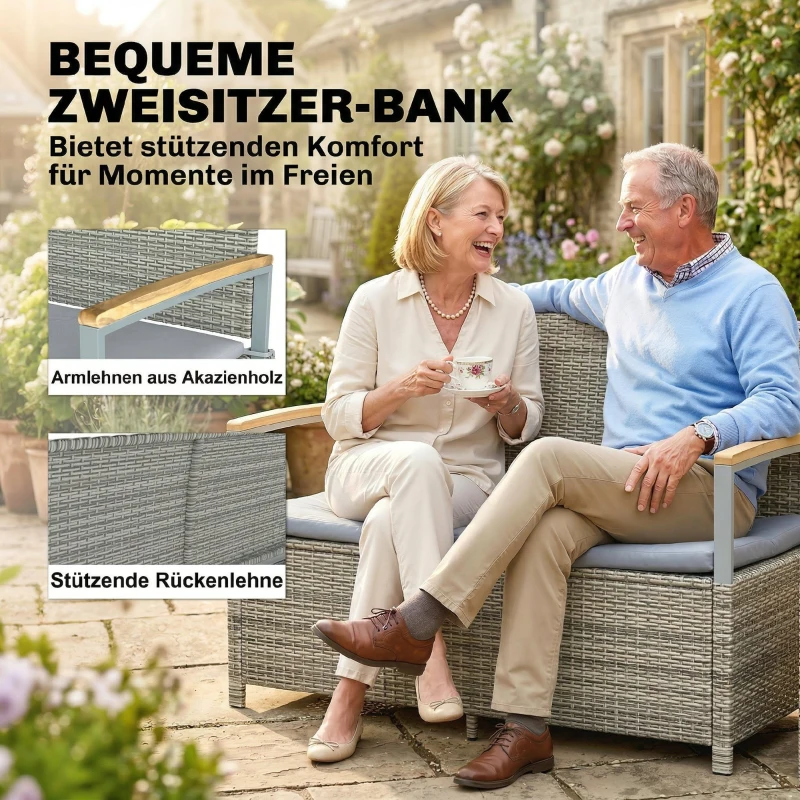 Outsunny Gartenbank Polyrattan 170L 2-Sitzer Sitzbank mit Stauraum abnehmbar Kissen Reißverschluss-Innenauskleidung Holz-Armlehne