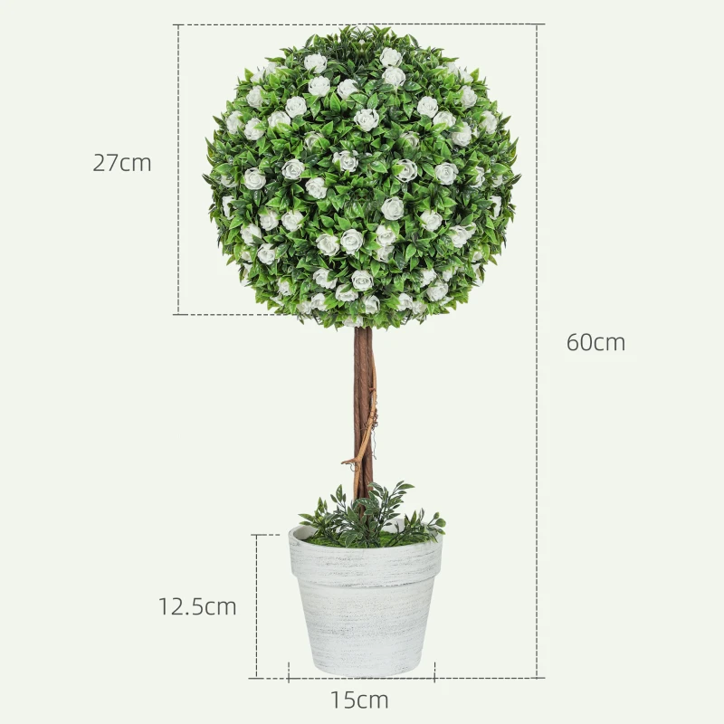 HOMCOM Set of 2 Decorative Artificial Plants, Ball Topiary Tree with Rose Flower in Pot, Fake Plants for Home Indoor Outdoor Decor, 60cm, White