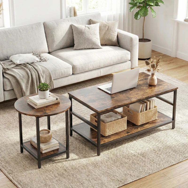 HOMCOM Couchtisch-Set, 2-teilig, rechteckiger und runder Tisch mit 2-stufigem Stauraum, für Wohnzimmer, Rustikal-Braun