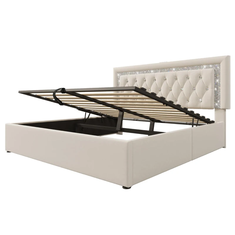 Smart Double Bed with Height-Adjustable Headboard, Stylish Bed Frame for Contemporary Bedrooms, 204L x 145W x 108H cm, Beige