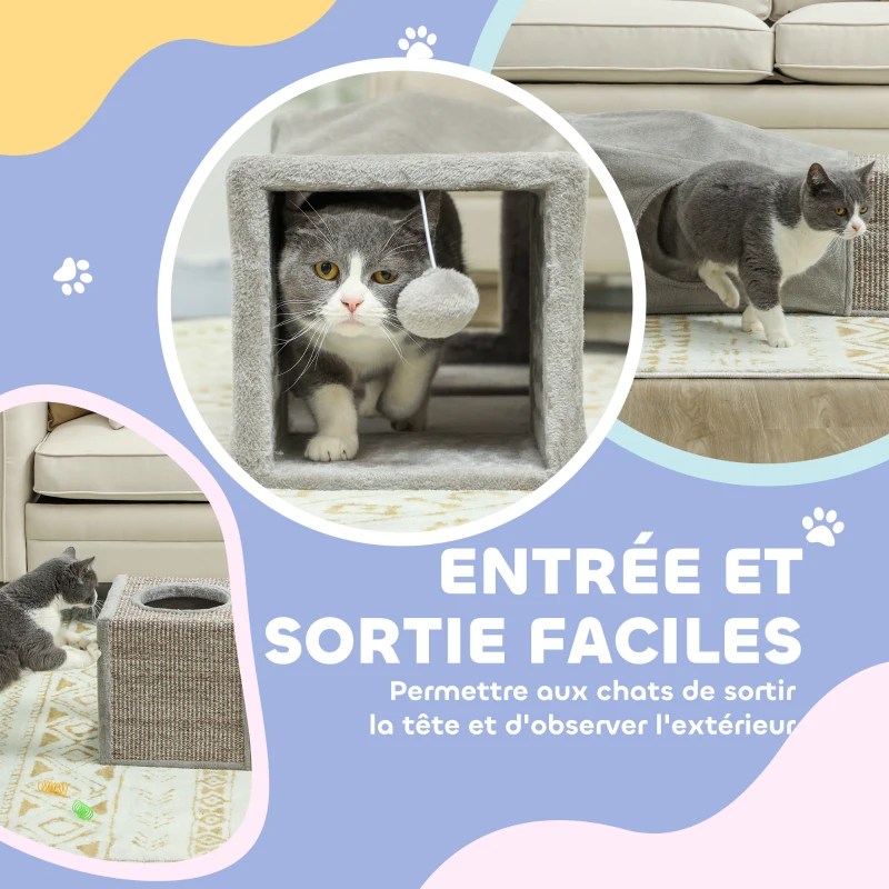 PawHut Tunnel pour chat intérieur jouets pour chats avec balle suspendue entrées multiples en sisal 98 x 30 x 30 cm gris