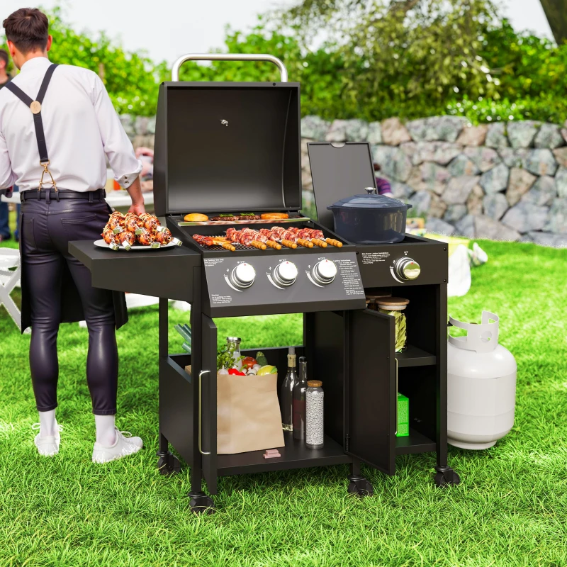 Outsunny 3+1 Burner Gas BBQ Grill with Storage Cabinet and Shelves, 9.5 kW Gas Barbecue Trolley with 6 Castor Wheels, Warming Rack, Thermometer for Outdoor Cooking Garden Party, Black