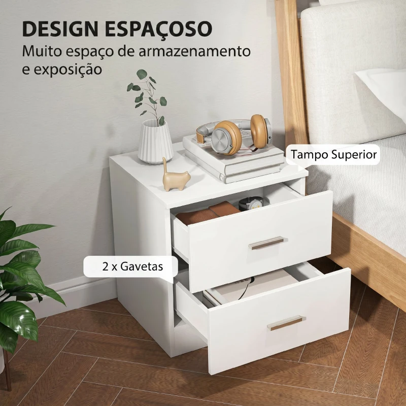 HOMCOM Mesa de Cabeceira Moderna Mesinha de Cabeceira com 2 Gavetas para Sala Quarto Capacidade 30 kg 45x39,5x49 cm Branco