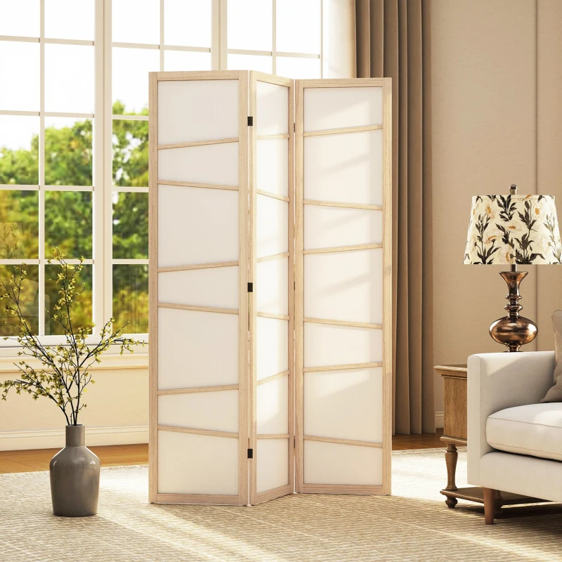 HOMCOM Wooden Folding Privacy Screen, 3 Panel Room Divider for Bedroom, Natural Wood Finish