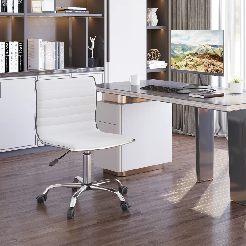 HOMCOM Silla de Escritorio sin Brazos Giratoria con Altura Ajustable Silla para Estudio Tapizada en PU Carga 120 kg Blanco