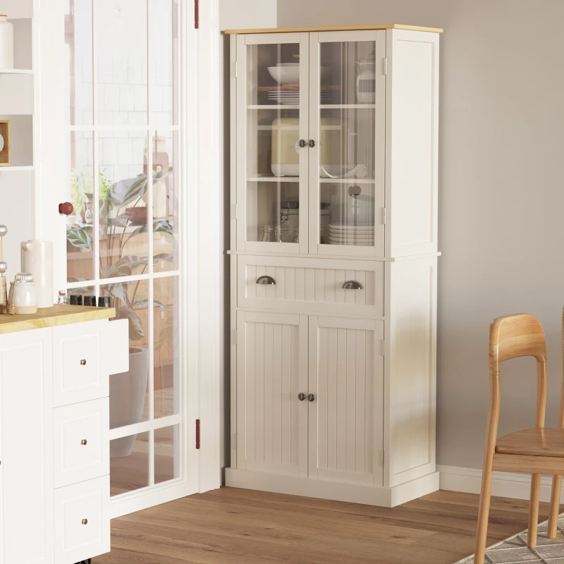 HOMCOM Armário de Cozinha com 2 Portas de Vidro 1 Gaveta e Prateleira Ajustável Móvel Auxiliar de Cozinha 76x40x182,5cm Creme