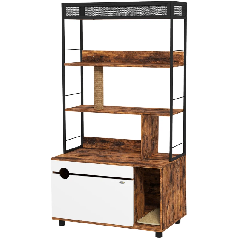 PawHut Katzentoilette mit 3-Ebenen-Regal und Kratzpfosten, geschlossenes Katzenklo, 80 x 48 x 152 cm, Braun(m-11)