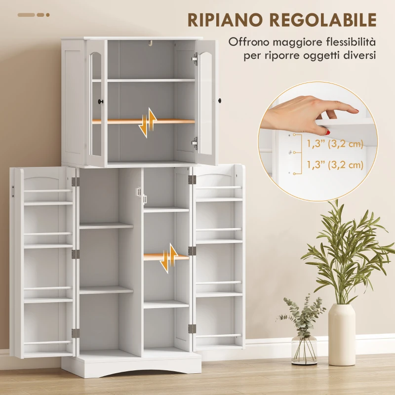 HOMCOM Mobile Dispensa Cucina con Ante, Armadietti e Cerniere a Chiusura Silenziosa, in Legno, 60x40x162 cm, Bianco