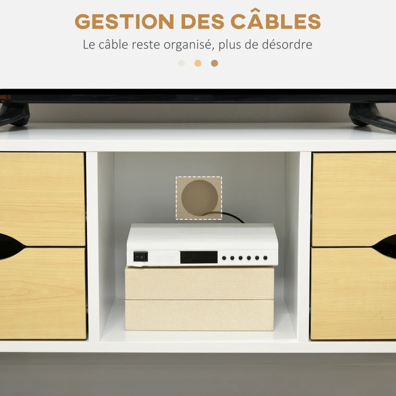 HOMCOM Meuble TV jusqu'à 40 pouces pieds en bois massif 4 tiroirs 1 niche centrale 90 x 30 x 46 cm naturel blanc
