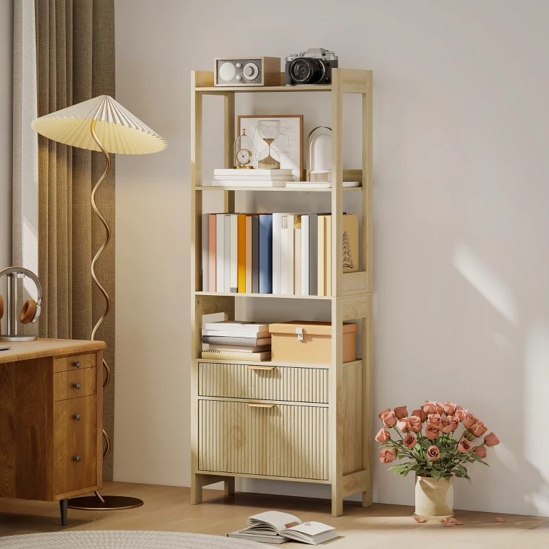 HOMCOM Bibliothèque haute, meuble de rangement avec 4 étagères ouvertes et 2 tiroirs cannelés, 60 x 30 x 160 cm, bois naturel