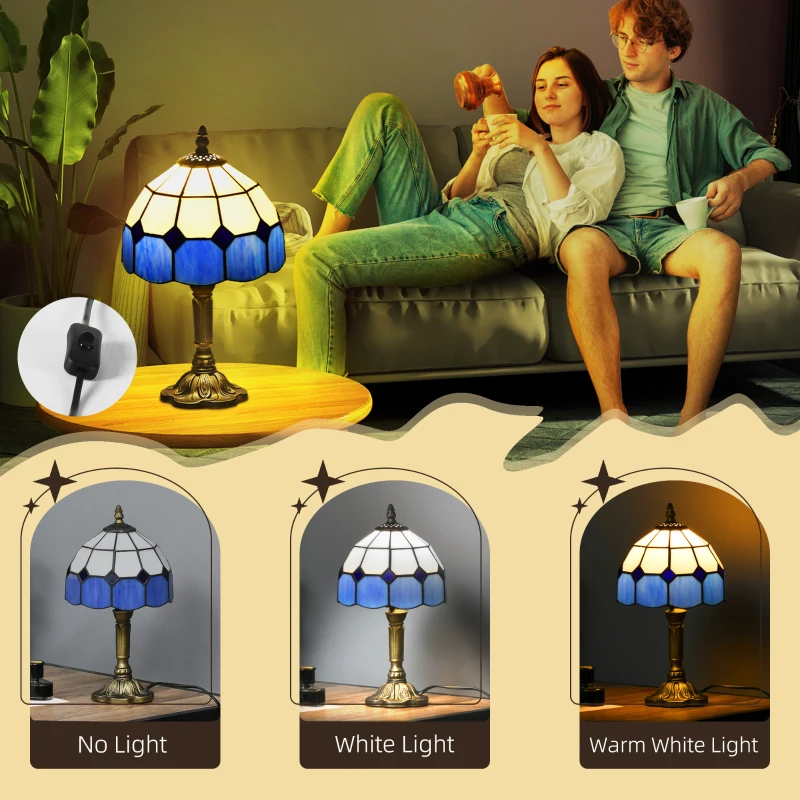 HOMCOM Handmade Stained Glass Table Lamp, Antique Bedside Lamp for Bedroom, Living room, Home, Nightstand, Decorative Night Light, Blue