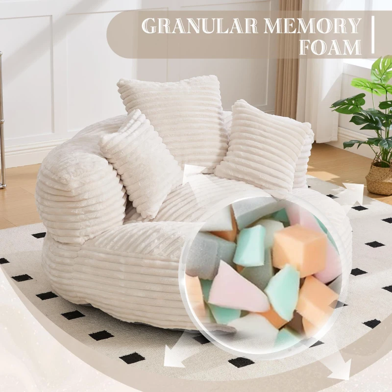 Plush Oversized Bean Bag Chair with High Back & 3 Pillows, Cozy Corduroy Floor Lounger Sofa for Living Room, 108L x 108W x 52H cm, Beige