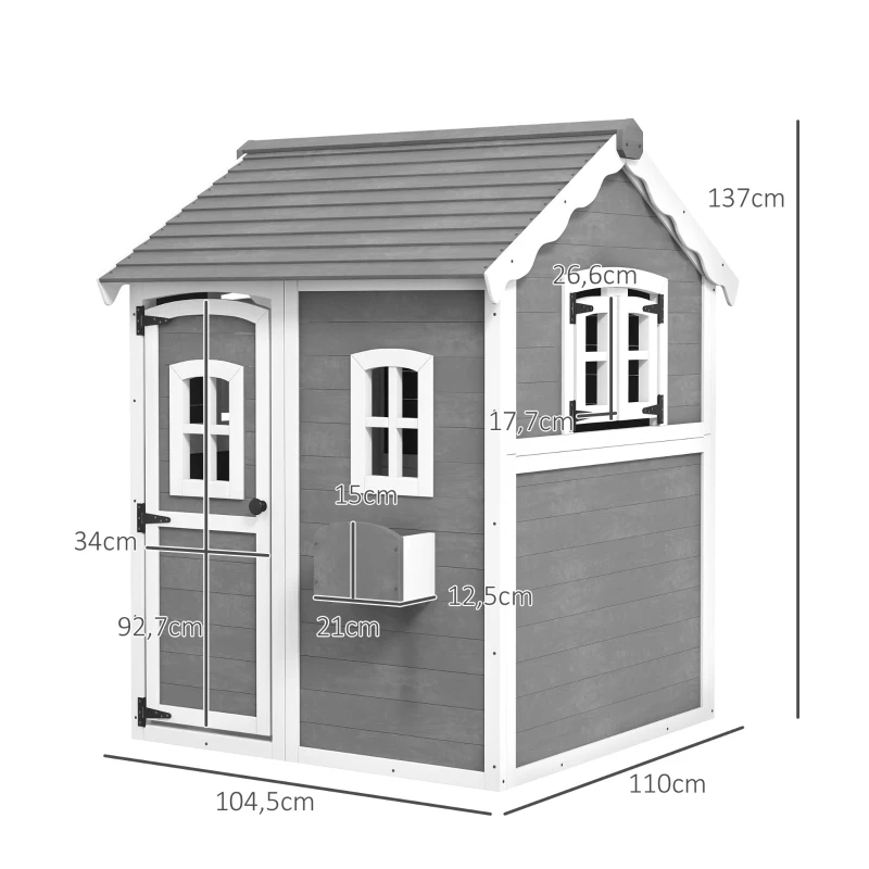 Outsunny Casetta per Bambini 3-8 Anni con 6 Finestre e Fioriera, in Legno di Abete, 104.5x110x137 cm, Grigia
