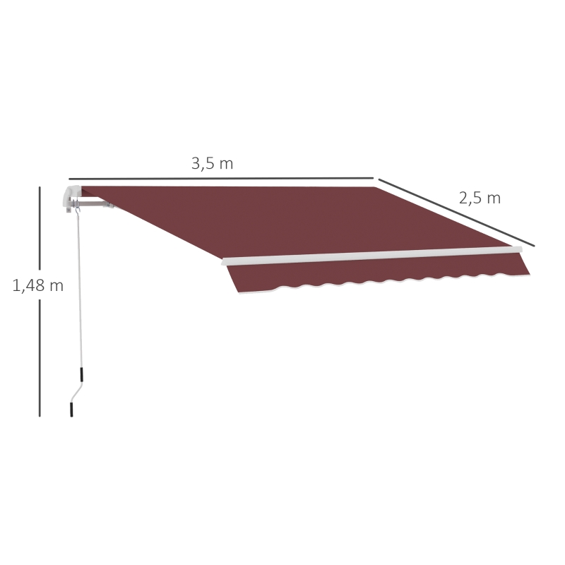 Outsunny Toldo Manual Retrátil 3,5x2,5 m com Ângulo Ajustável Manivela, Estrutura de Alumínio e Proteção UPF30+ Vinho Tinto