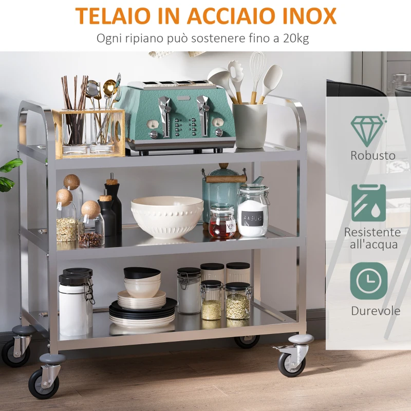 HOMCOM Carrello da Cucina 3 Ripiani Aperti 4 Ruote Omnidirezionali con 2 Freni Cuscinetti Anti-Collisione in Acciaio Inossidabile 430 Argento 90.5x50.5x88.2cm