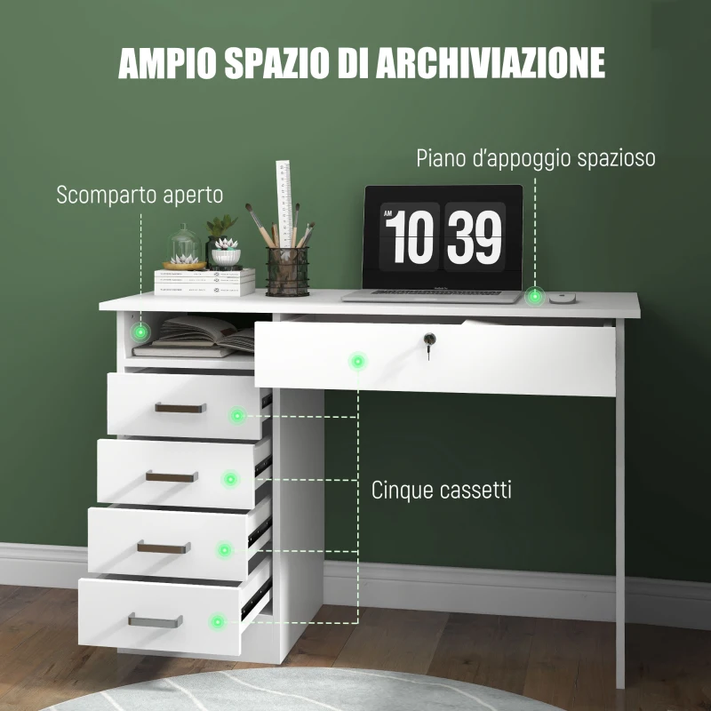 HOMCOM Scrivania Moderna con 5 Cassetti e Scomparto Aperto con Serratura e 2 Chiavi, 110x50x76cm, Bianco