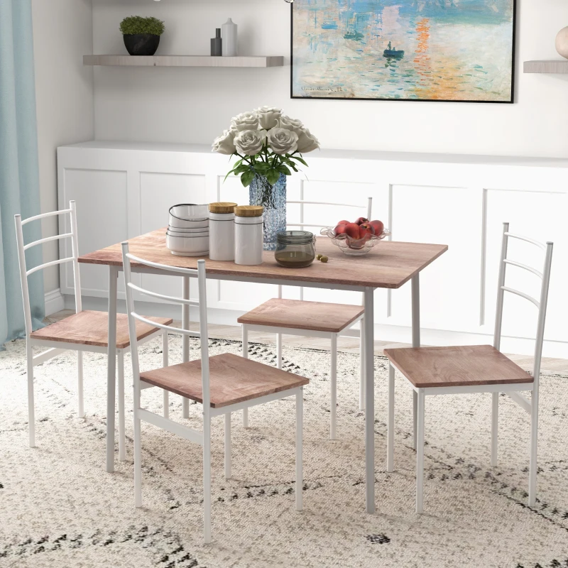 HOMCOM Conjunto de Refeição 5 Peças Conjunto de Mesa e 4 Cadeiras para 4 Pessoas com Estrutura de Aço 110x70x75 cm Madeira e Branco