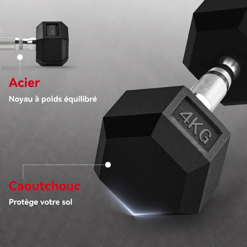 HOMCOM Ensemble d'haltères courtes, lot de 2 haltères hexagonaux recouverts de caoutchouc, acier noir