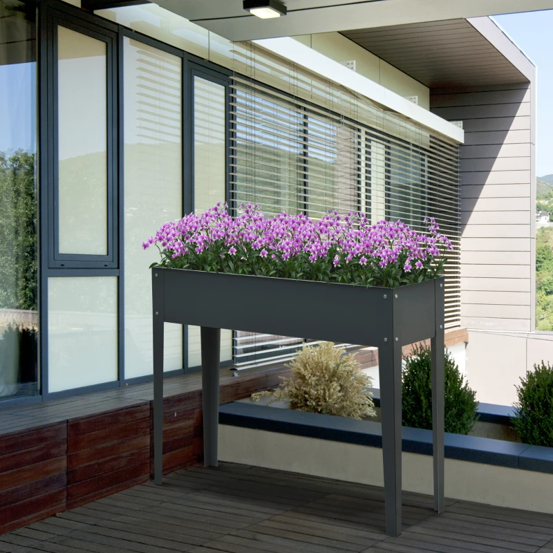 Outsunny Fioriera da Esterno Rialzata in Metallo con 3 Fori di Drenaggio, 100x30x80 cm, Grigio