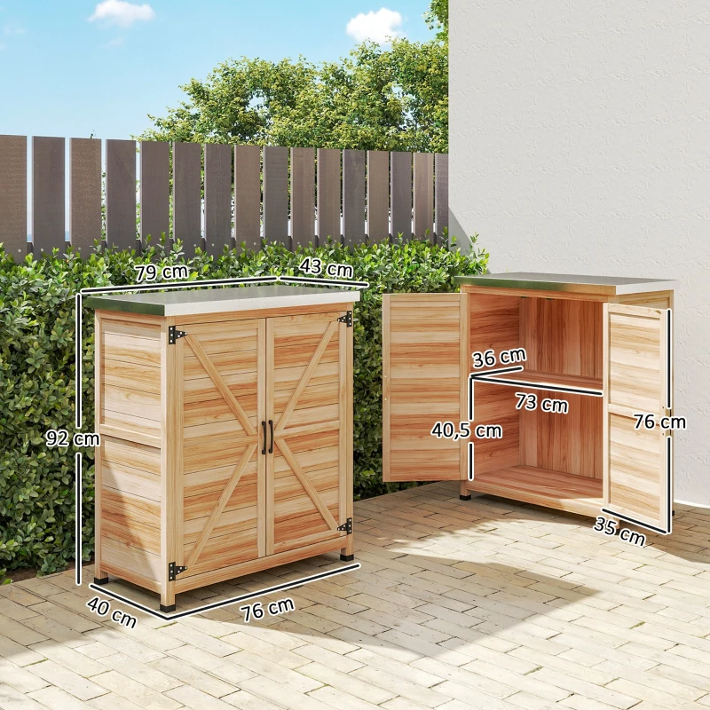 Outsunny Armário de Exterior em Madeira com Tampo de Aço Galvanizado Prateleira 2 Portas  para Armazenamento de Ferramentas 79x43x92 cm Madeira