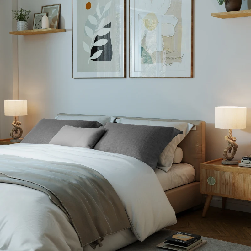 HOMCOM Nautical Table Lamps Set of 2 with USB Charging Port, Bedside Lamps for Bedroom Living Room, Warm White LED Bulb Included, with Hemp Rope, Natural
