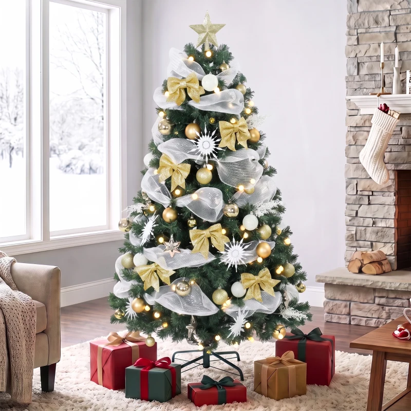 HOMCOM 5ft Pre-Lit Christmas Tree with 150 LED Lights, Artificial Xmas Tree with 8 Lighting Modes, 450 Tips, Remote, Green