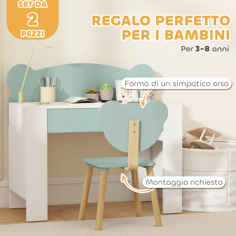 AIYAPLAY Set Scrivania per Bambini con Cassetto e Sedia con Schienale a Orsetto, Età 3-8 Anni, Verde