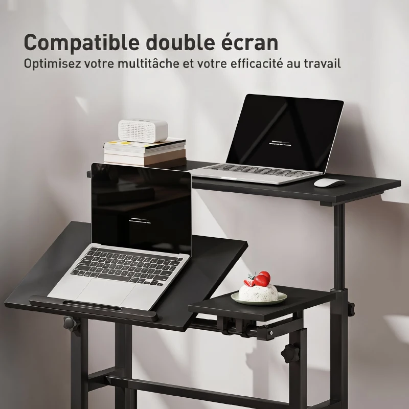 HOMCOM Bureau assis debout bureau réglable en hauteur 70 x 60 cm à roulettes avec plateau inclinable cadre en métal noir