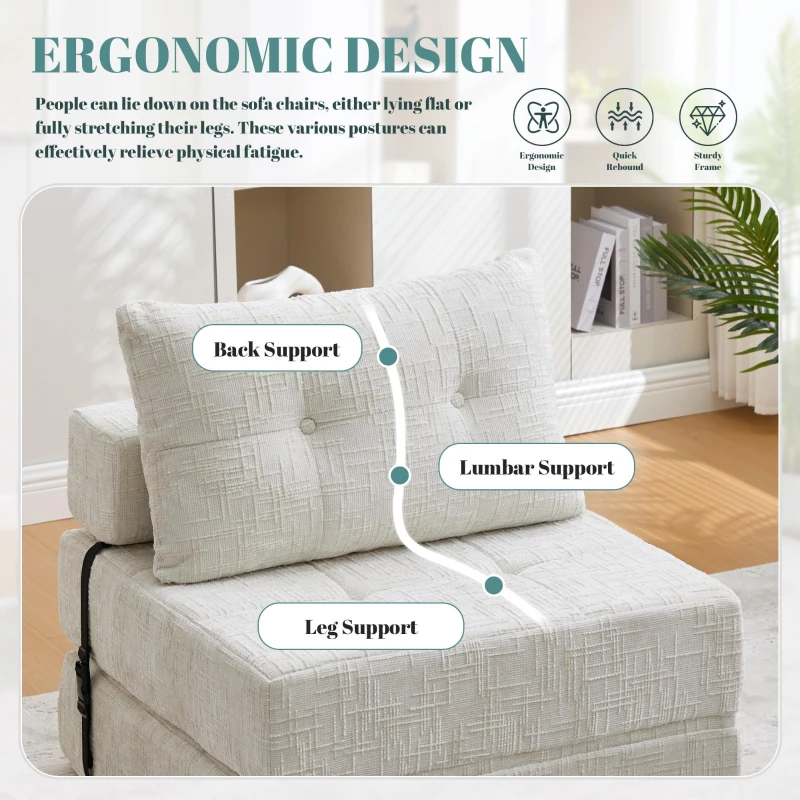 Cozy Convertible Floor Sofa Bed with Button-Tufted Detailing, Soft Chenille Folding Sleeper Couch for Living Room, 180L x 79W x 57H cm, Beige