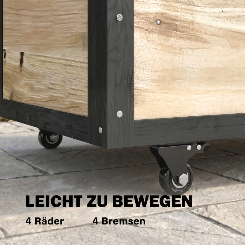 Outsunny Garten-Aufbewahrungsbox, 121 Liter, 2 Räder, wetterfest, Metallscharniere, Naturholz, 100x50x43 cm(m-4)