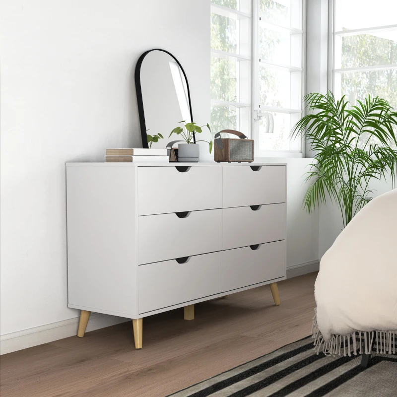 HOMCOM Cassettiera 6 Cassetti con Maniglie Laminate, in Legno di Pino, 120x40x76 cm, Bianca e color Legno