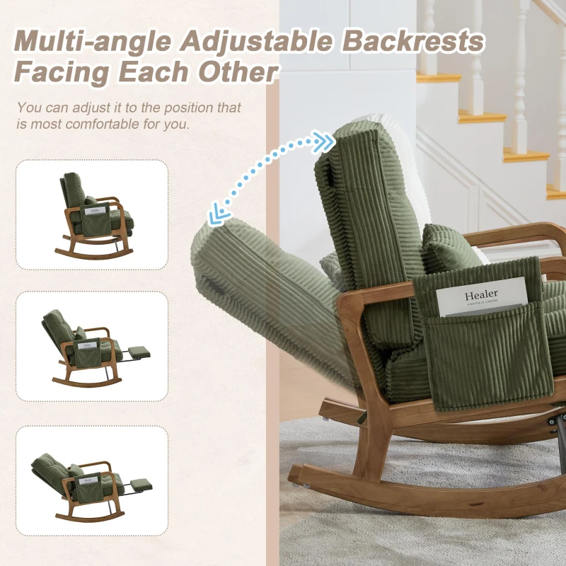Cozy Rocking Chair with Adjustable Footrest and Side Pocket, Soft Corduroy Glider Armchair for Nursery, 92L x 80W x 70H cm, Green