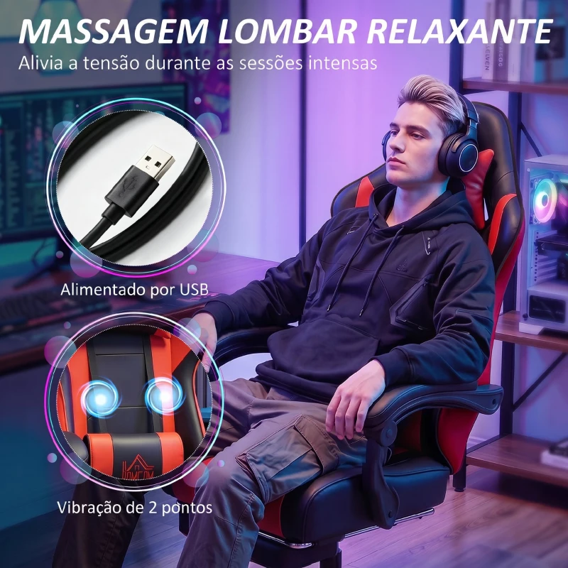 HOMCOM Cadeira Gamer com Massagem Lombar Vibratória Reclinável 155° Altura Ajustável Apoio de Cabeça e Apoio para os Pés Retrátil Vermelho
