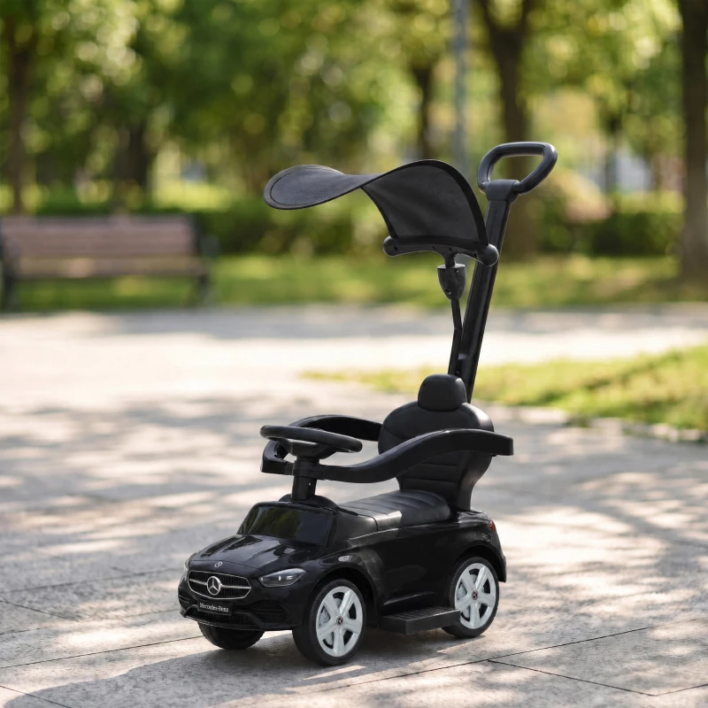 AIYAPLAY Rutschauto 3-în-1 cu bară de împins Mercedes-Benz vehicul de împins cu volan claxon muzică copertină spațiu depozitare Negru