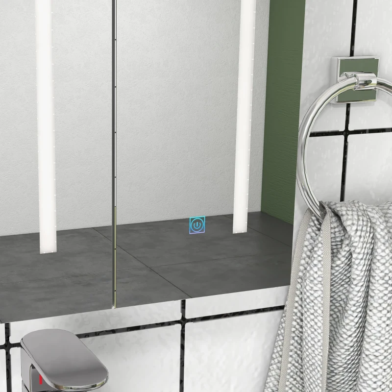 kleankin Armario con Espejo de Baño con 3 Puertas Estantes Ajustables Interruptor Táctil y USB 90x15x70 cm Blanco Brillante