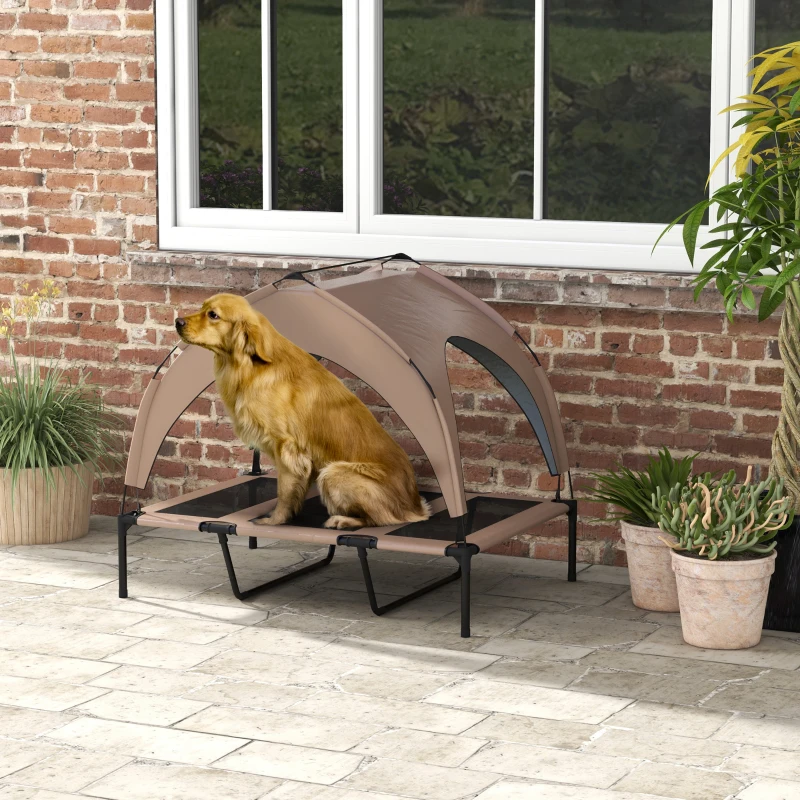 PawHut Cama para Cães Elevada com Toldo para Cães Médios com Estrutura de Aço e Bolsa de Transporte 106x76x94 cm Marrom Claro
