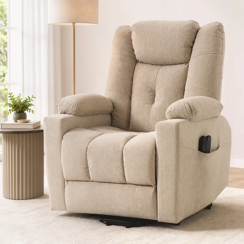 HOMCOM Fotoliu electric cu funcție de ridicare, masaj prin vibrații și funcție de încălzire, fotoliu relax cu aspect de catifea și tapițerie cu arcuri, Alb crem