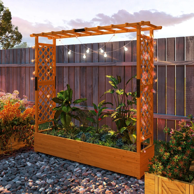 Outsunny Hochbeet mit Rankengitter und Dach, für Blumen, Obst, Gemüse, Kräuter, 196 x 44 x 181 cm, Holz, Orange