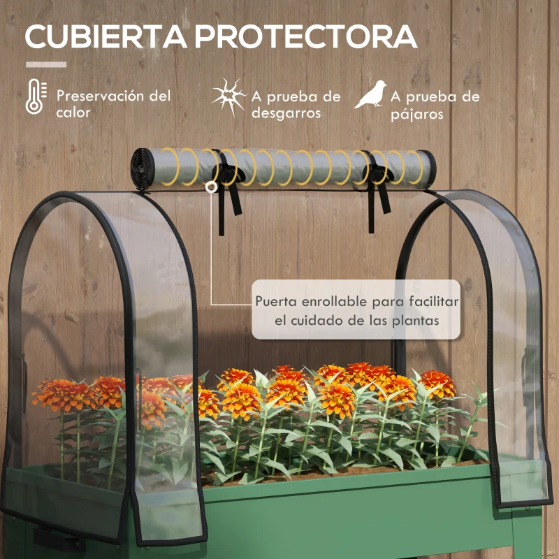 Outsunny Huerto Urbano Elevado con Ruedas Cubierta de Invernadero y Estante Inferior para Cultivo Plantas 80x40x120 cm Verde