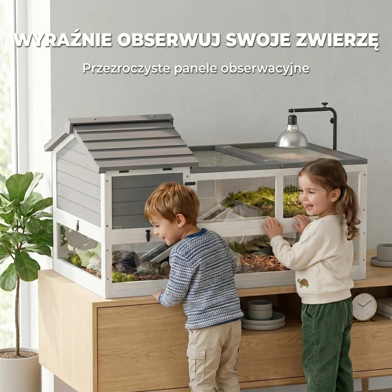 PawHut Terrarium dla żółwia drewniany domek wybieg dwupoziomowy z uchwytem na lampę i tacą 116x70,5x69,5 cm szaro-biały