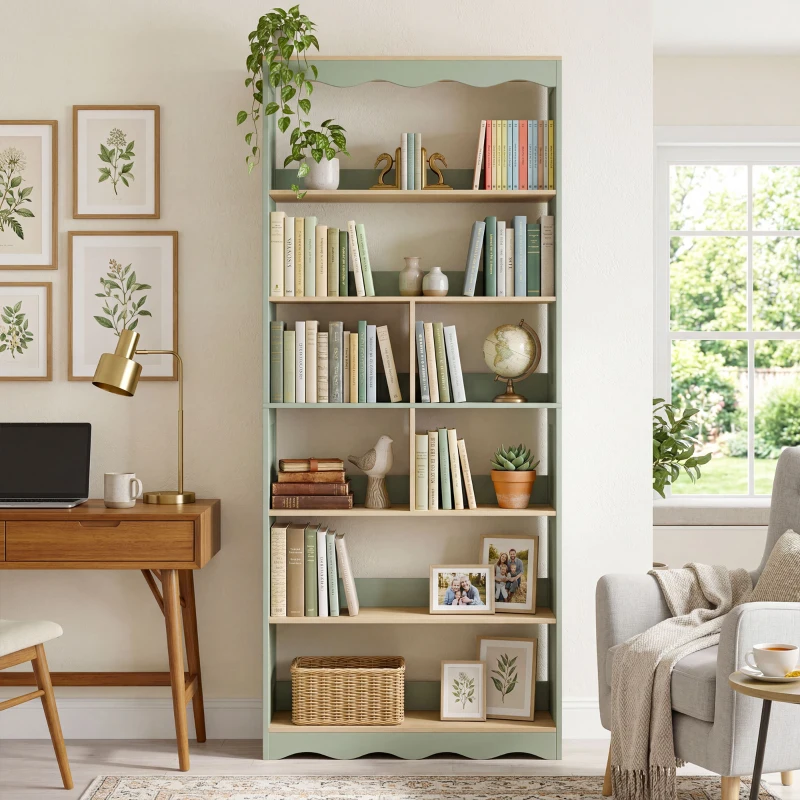 HOMCOM Bibliothèque, étagère de rangement à 6 niveaux avec 6 compartiments ouverts, 76 x 23,8 x 180 cm, bois naturel et vert