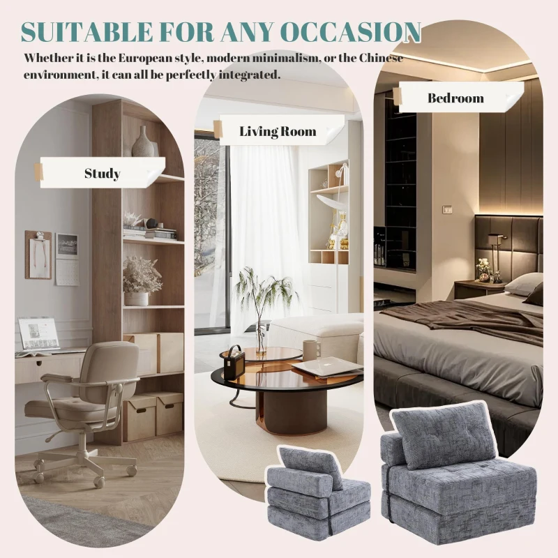 Cozy Convertible Floor Sofa Bed with Button-Tufted Detailing, Soft Chenille Folding Sleeper Couch for Living Room, 180L x 79W x 57H cm, Gray