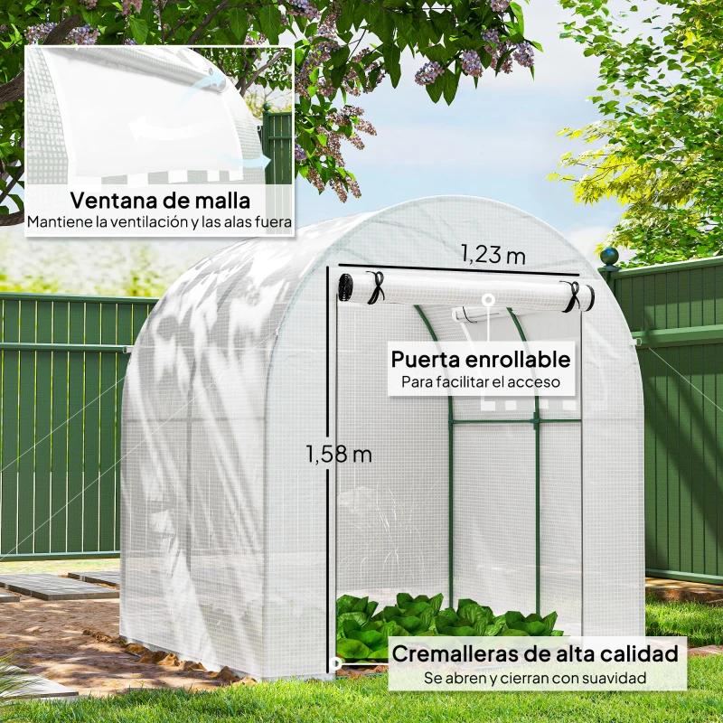 Outsunny Invernadero de Jardín 180x180x200 cm Invernadero de Túnel Pequeño con Puerta Enrollable y Ventana de Malla Blanco