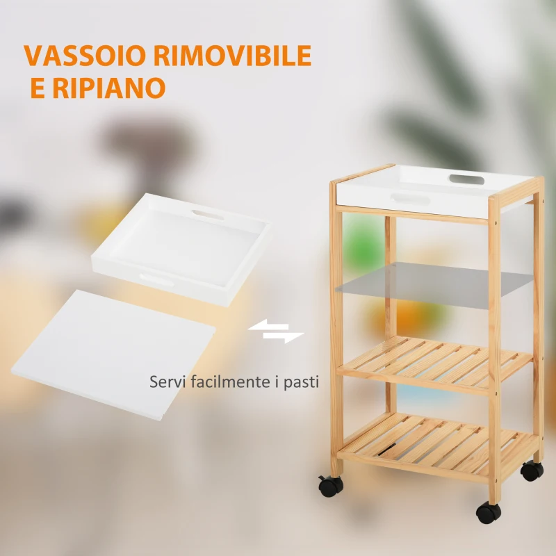 HOMCOM Carrello da Cucina a 4 Livelli in MDF e Legno di Pino con 4 Ruote Girevoli, 40x30x76 cm, Bianco e Marrone
