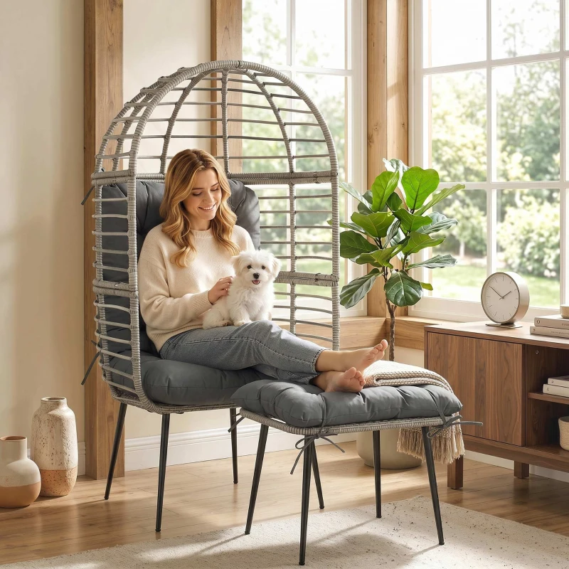 Outsunny Garden Egg Chair with Footstool, Rattan Indoor Outdoor Lounge Chair and Ottoman Set with Thick Cushions, Light Grey