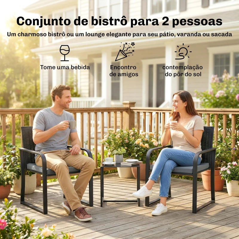 Outsunny Conjunto de Jardim 3 Peças de Vime com 2 Cadeiras com Almofadas Tecido Textilene e Mesa de Vidro Temperado Cinza