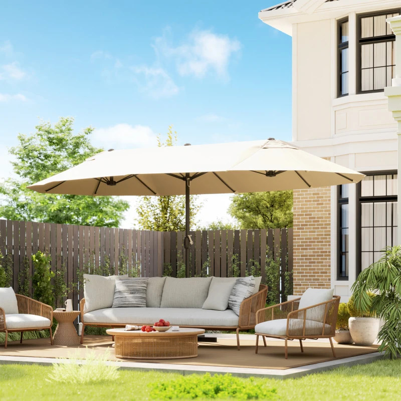 Outsunny Grande Parasol de Jardin Exterieur 4,6 x 2,7 m avec Pied en Croix, Parasol Double avec Manivelle, pour Terrasse, Crème